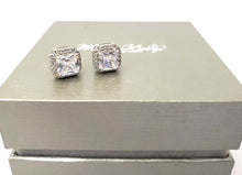 Load image into Gallery viewer, MariaKinz 18K White Gold Plated Diamond Color CZ Princes Cut Stud Earrings MariaKinz