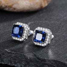 Load image into Gallery viewer, MariaKinz 18K White Gold Plated Sapphire Color CZ Square Stud Earrings MariaKinz