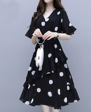 Load image into Gallery viewer, MariaKinz Pair of Black and White Polka Dots Slim Fit Chiffon Dress MariaKinz