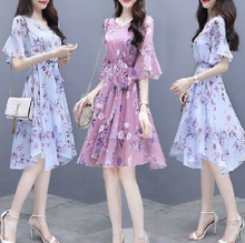 Load image into Gallery viewer, MariaKinz Pair of Two Color Women Slim Fit Half Sleeve Knee Length Chiffon Dress MariaKinz