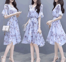 Load image into Gallery viewer, MariaKinz Pair of Two Color Women Slim Fit Half Sleeve Knee Length Chiffon Dress MariaKinz