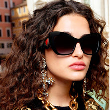 Load image into Gallery viewer, MariaKinz Sunglasses: Versa Jewel Black Frame Gray Gradient Lens, Oversized Cat Eye MariaKinz