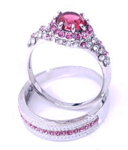 Load image into Gallery viewer, White Gold Plated Paved & Round Ruby Color CZ Halo Ring Set, by MariaKinz MariaKinz