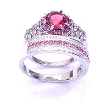 Load image into Gallery viewer, White Gold Plated Paved & Round Ruby Color CZ Halo Ring Set, by MariaKinz MariaKinz