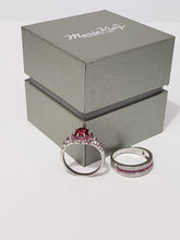 Load image into Gallery viewer, White Gold Plated Paved & Round Ruby Color CZ Halo Ring Set, by MariaKinz MariaKinz