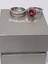 Load image into Gallery viewer, White Gold Plated Paved & Round Ruby Color CZ Halo Ring Set, by MariaKinz MariaKinz