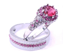 Load image into Gallery viewer, White Gold Plated Paved & Round Ruby Color CZ Halo Ring Set, by MariaKinz MariaKinz