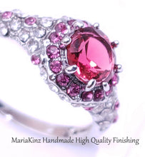 Load image into Gallery viewer, White Gold Plated Paved & Round Ruby Color CZ Halo Ring Set, by MariaKinz MariaKinz