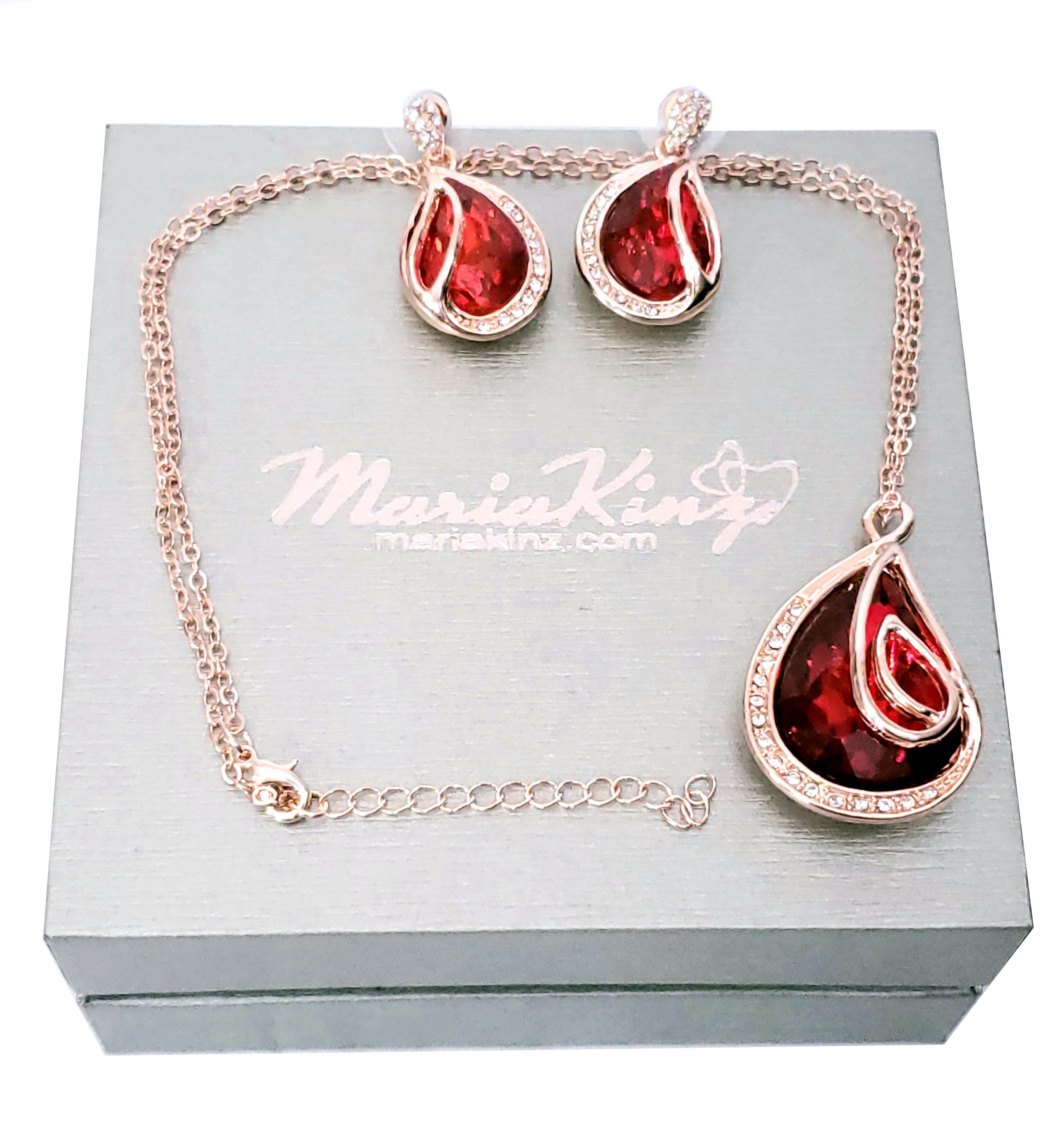 18K Gold plated Tear Drop Ruby Color Crystal Fashion Necklace Set 