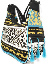 Load image into Gallery viewer, MariaKinz Bohemian Style Woven Hobo Bag Convertible to Backpack with Adjustable Strap Blue MariaKinz
