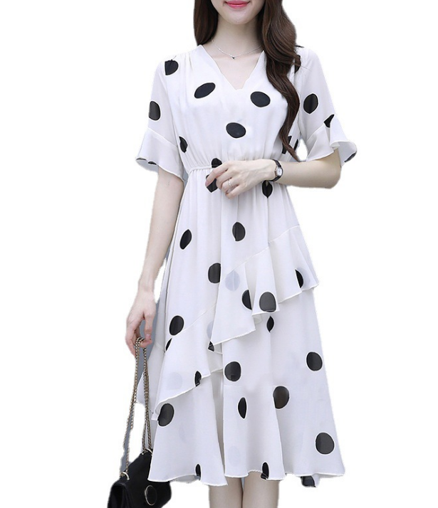 polka dot chiffon dress MariaKinz Pair of Black and White Polka Dots Slim Fit Chiffon Dress Small