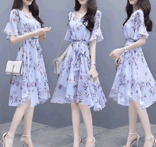 Load image into Gallery viewer, MariaKinz Pair of Two Color Women Slim Fit  Half Sleeve Knee Length Chiffon Dress MariaKinz