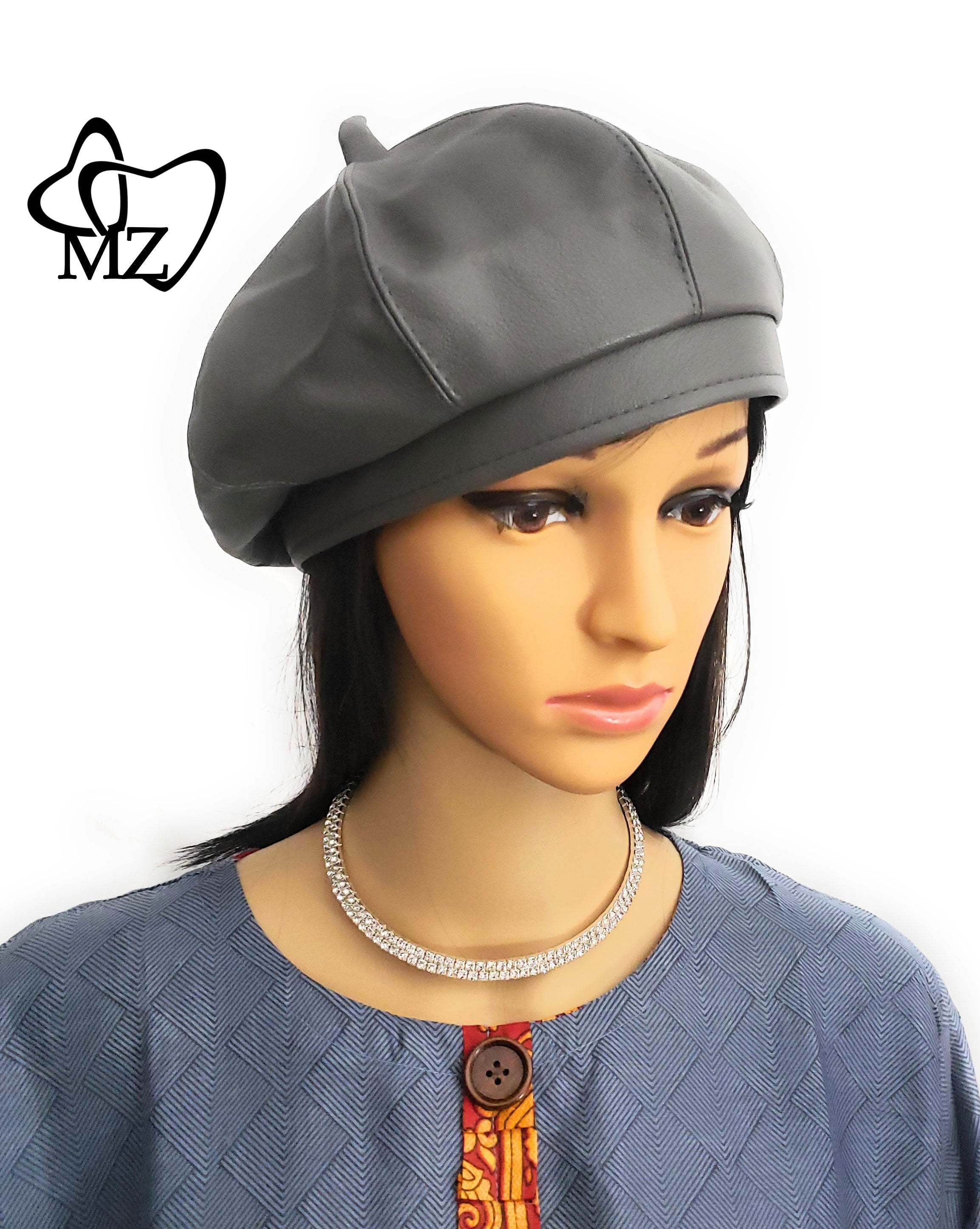 MariaKinz Women Faux Leather Fine Quality Gray Beret Hat