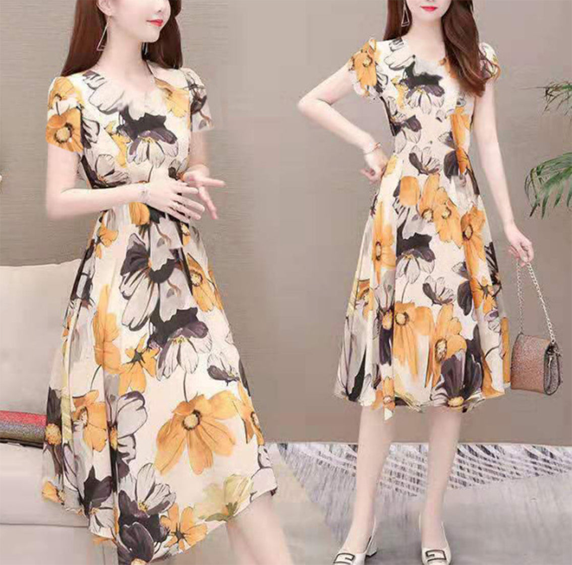 MariaKinz Women Floral Summer Casual Short Sleeve Knee Length Dress MariaKinz Women Floral Summer Casual Short Sleeve Knee Length Dress