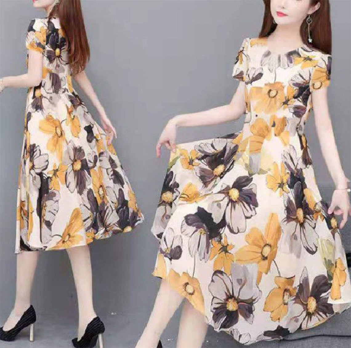 馨 MariaKinz Women Floral Summer Casual Short Sleeve Knee